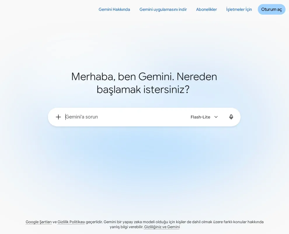 Gemini web uygulamasının oturum açılmamış Türkçe giriş ekranı, soru kutusu ve Flash-Lite model seçicisi