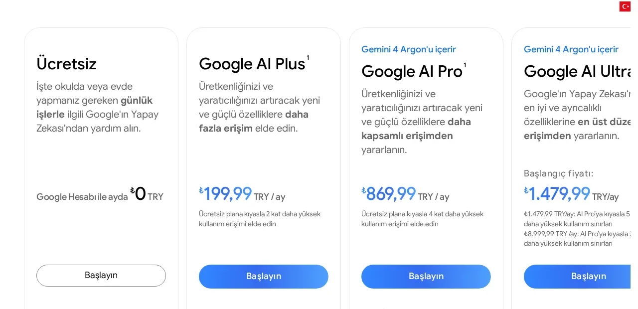 Gemini Türkiye abonelik sayfasında Ücretsiz, Google AI Plus, Google AI Pro ve Google AI Ultra plan kartları ile TL fiyatları