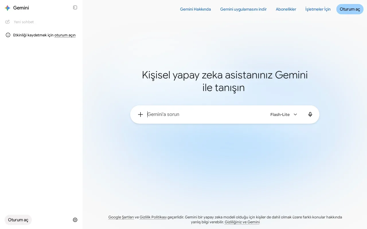 Oturum açılmamış Gemini web ekranı, Gemini'a sorun kutusu ve Flash-Lite model seçicisi