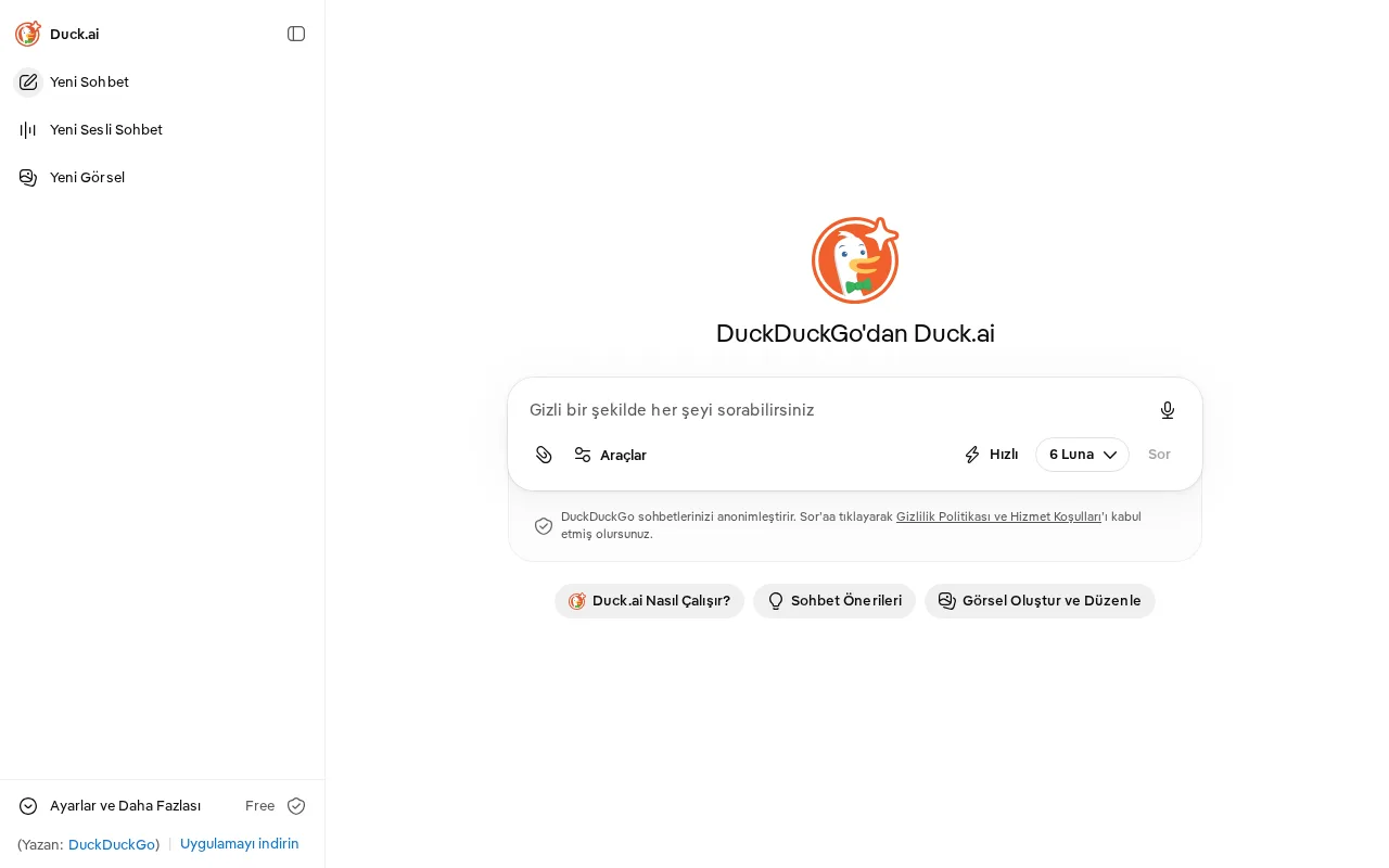 Duck.ai sohbet ekranı, soru kutusunda 6 Luna model seçimi, solda yeni sohbet, yeni sesli sohbet ve yeni görsel menüleri
