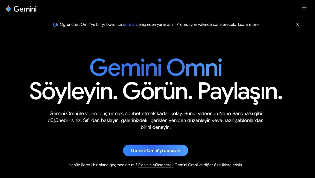 Google'ın Gemini Omni tanıtım sayfası, Türkçe başlık ve Gemini Omni'yi deneyin düğmesi
