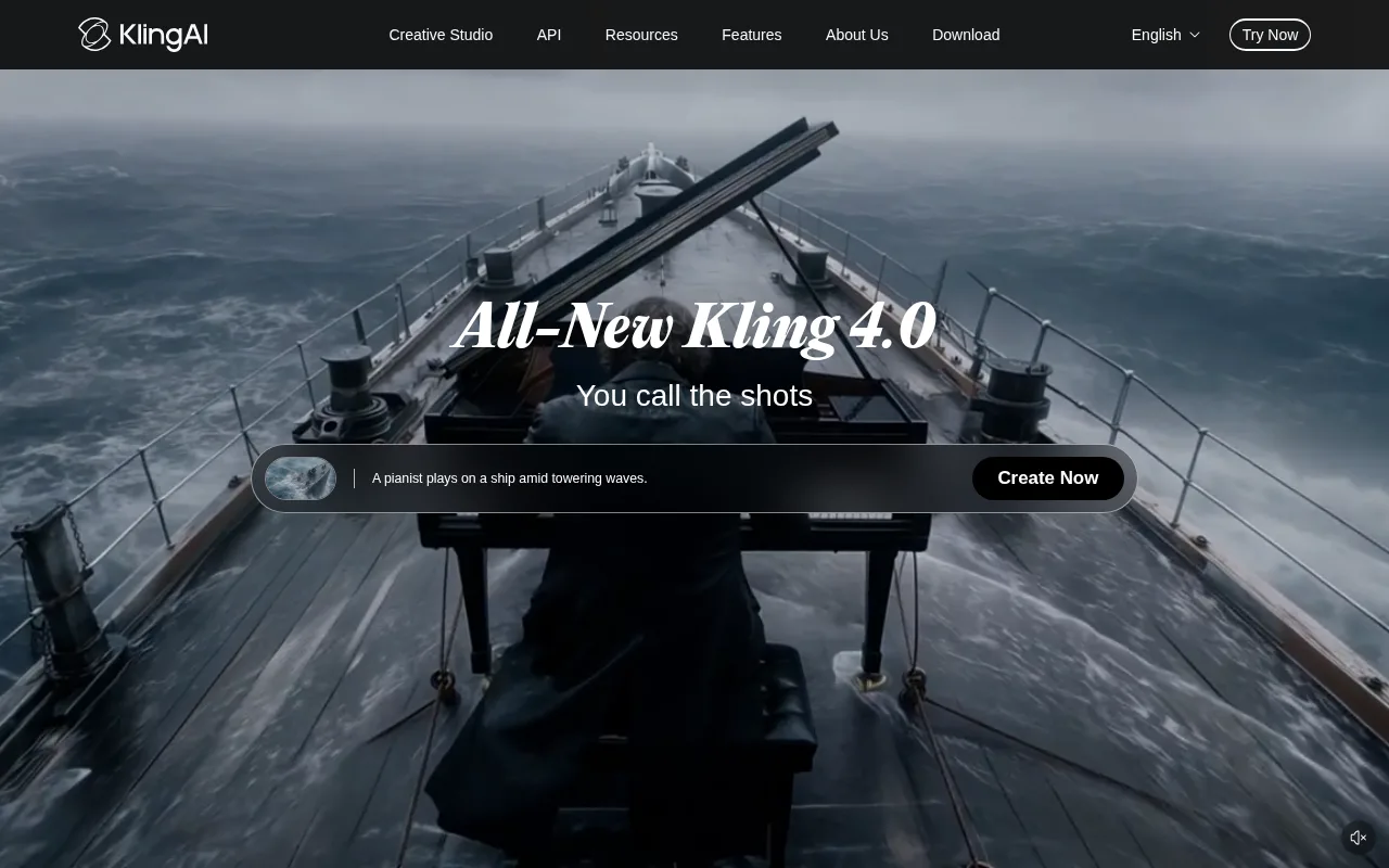Kling AI ana sayfası, All-New Kling 4.0 başlığı ve örnek prompt kutusu