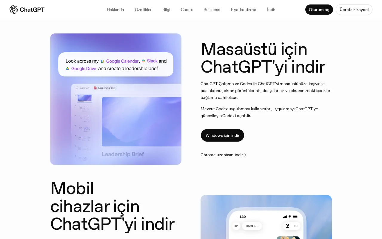 ChatGPT'nin resmi Türkçe indirme sayfası, masaüstü ve mobil indirme bölümleri