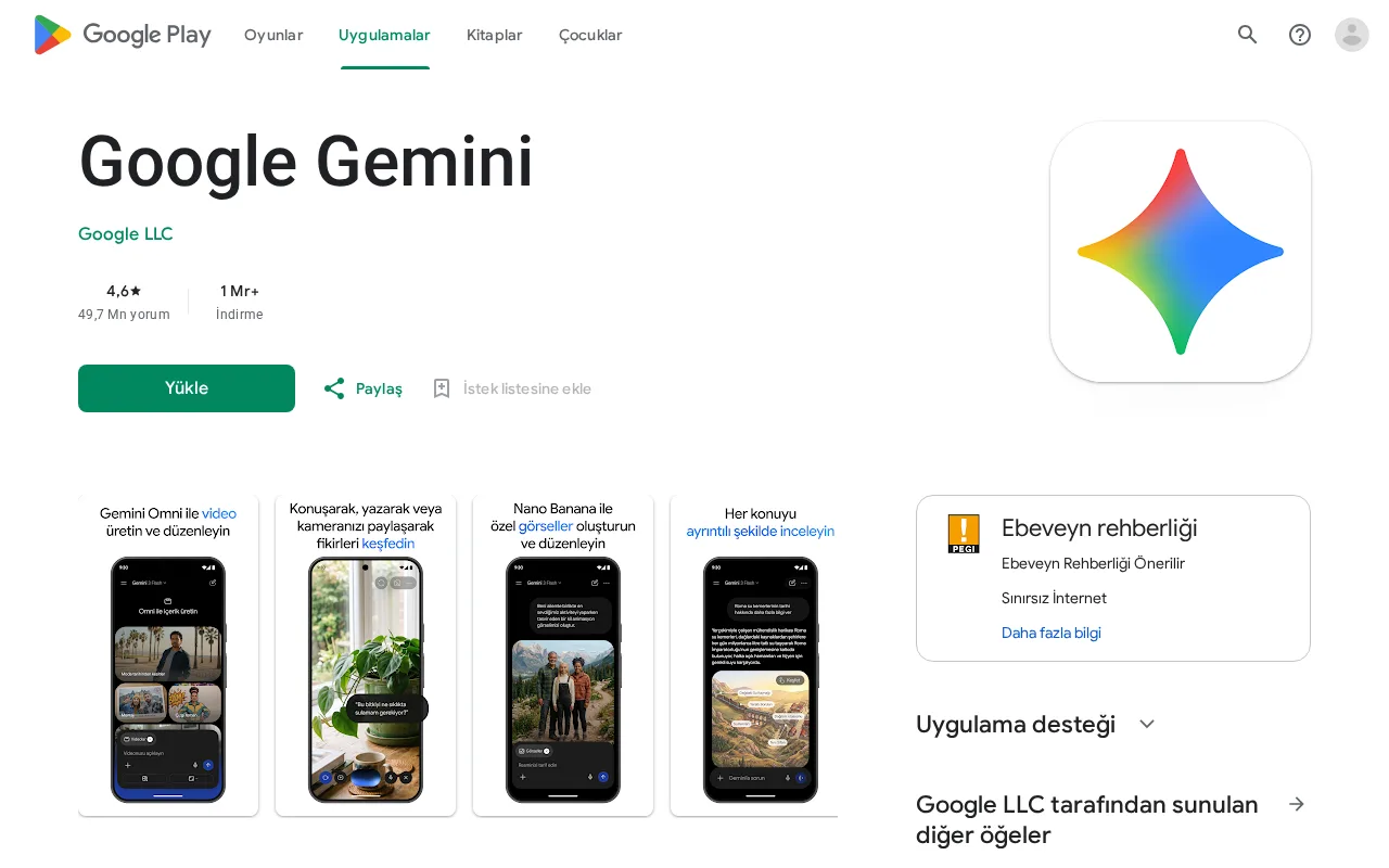 Google Play'de Google Gemini uygulama sayfası, geliştirici adı Google LLC olarak görünüyor