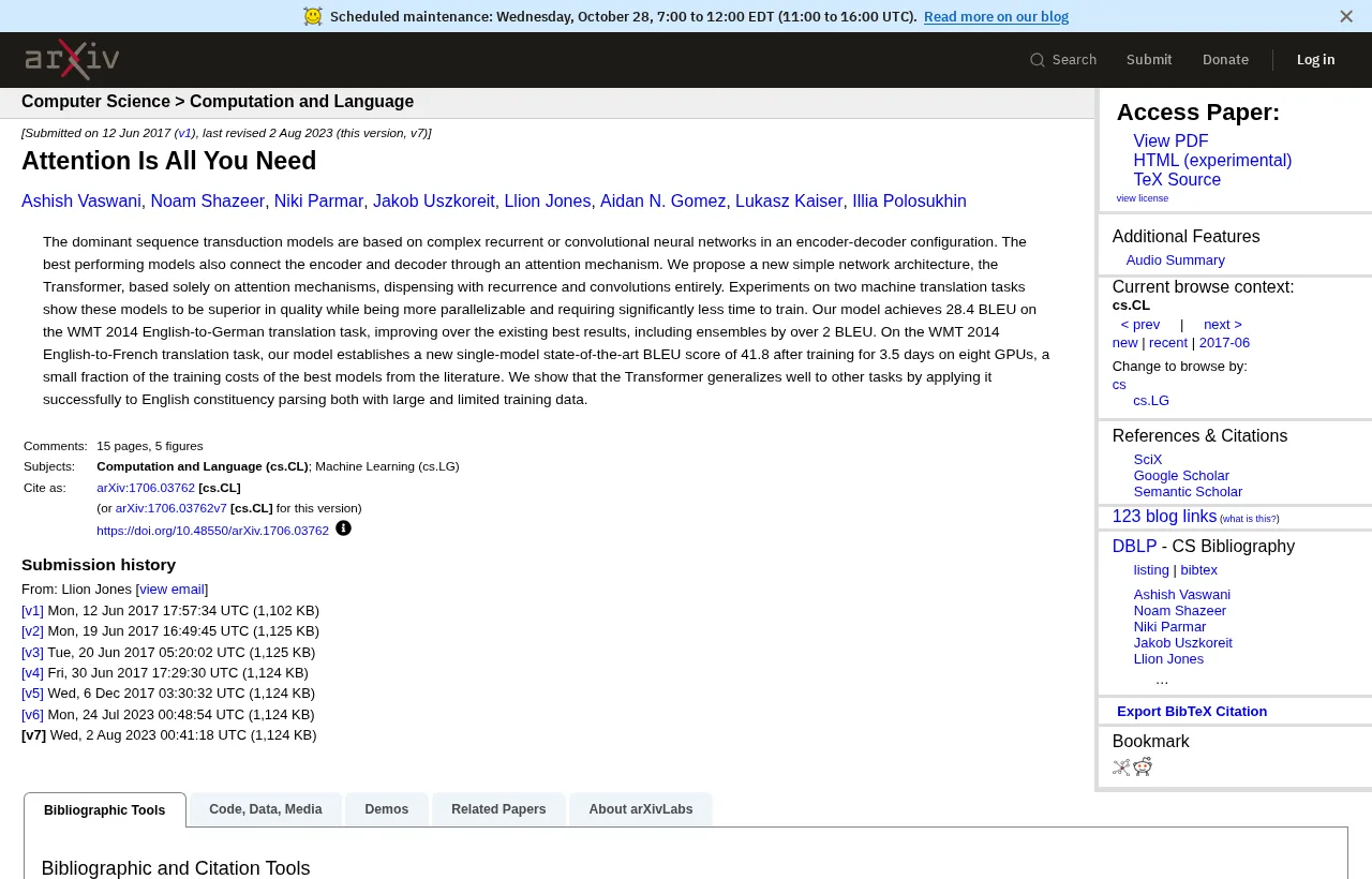 Attention Is All You Need makalesinin arXiv sayfası, yazar listesi ve özeti